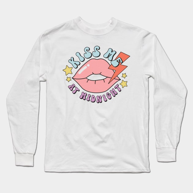 Kiss me at midnight Retro Lip New Years Eve Gift Long Sleeve T-Shirt by BadDesignCo